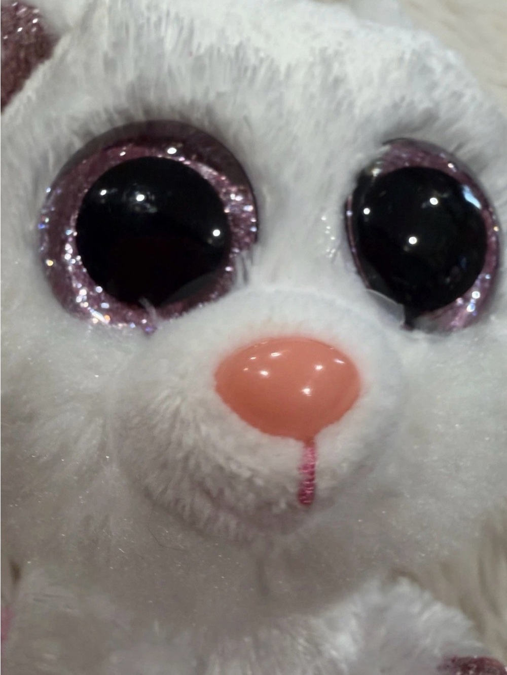Nina White Plush Small Pet Toy with Pink Nose and Sparkly Pink Eyes